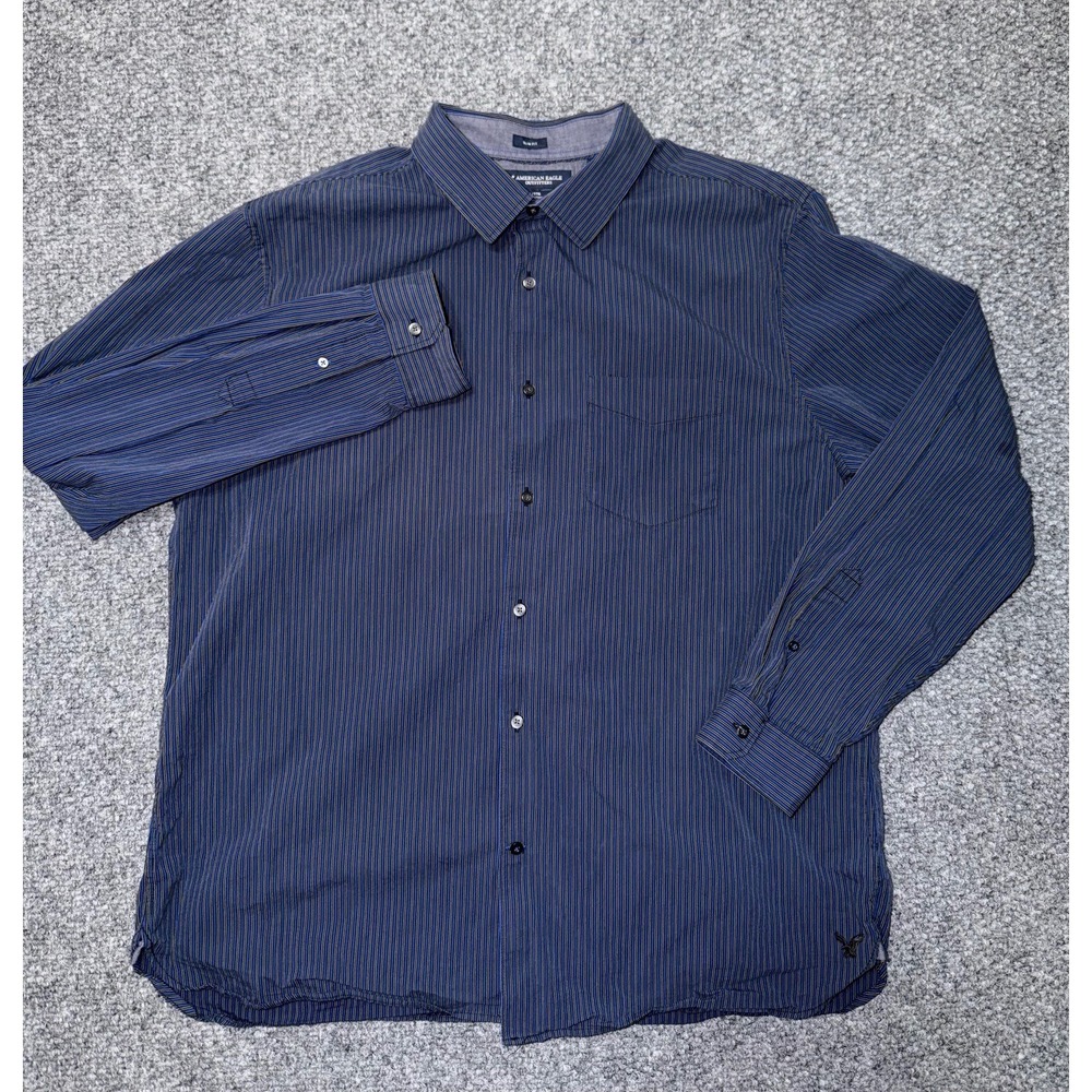 American Eagle Slim Fit Blue Vertical Striped Long‎ Sleeve Button-Up Shirt XXL